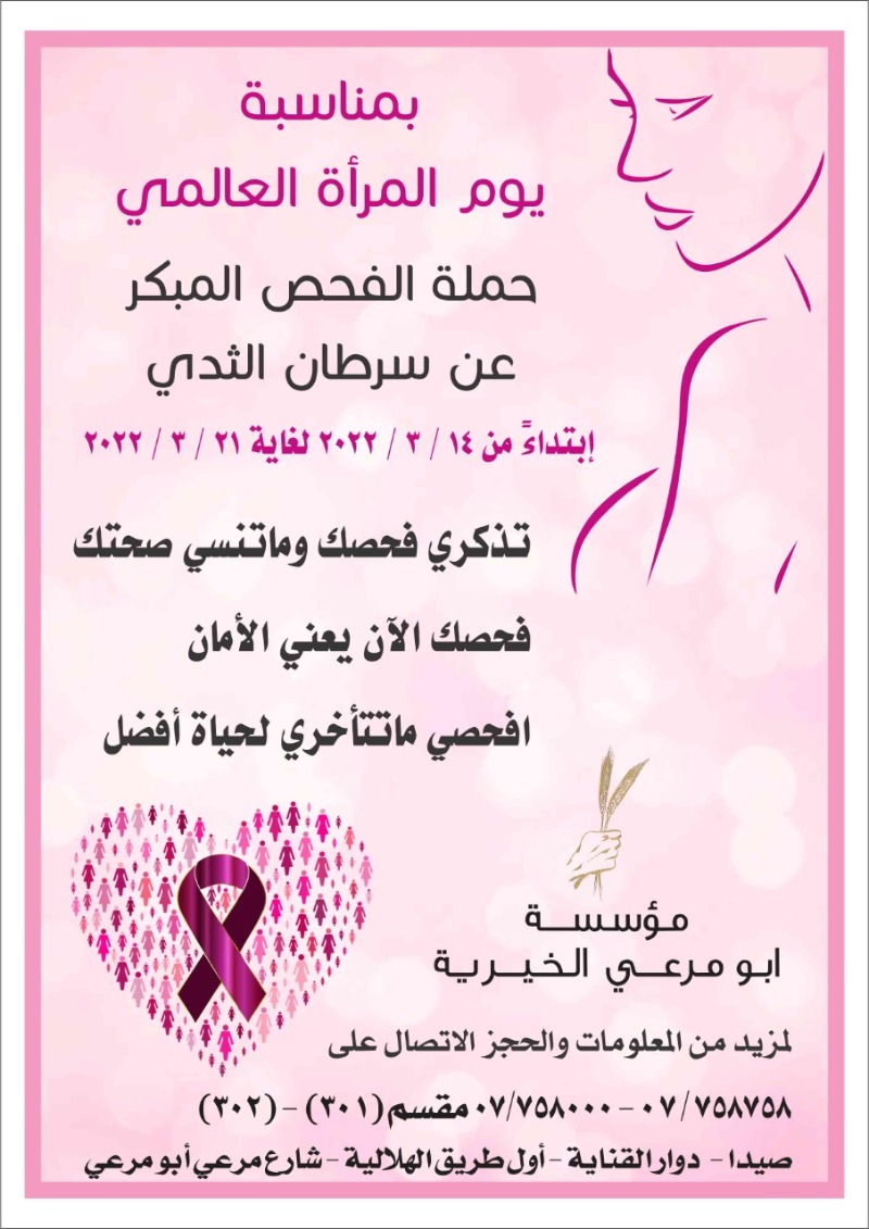 "مُؤسسة أبو مرعي الخيرية" تُطلق حملة الفحص المُبكر عن سرطان الثدي بمُناسبة "يوم المرأة العالمي"