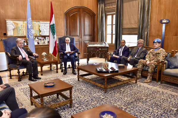 الرئيس بري يستقبل غوتيريش: لبنان متمسك بالقرار الأممي 1701