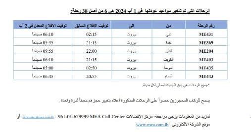 إعلان من طيران الشرق الأوسط بشأن مواعيد بعض الرحلات