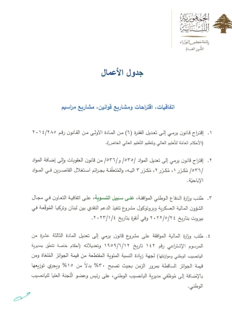 جلسة لمجلس الوزراء في القصر الجمهوري الخميس... اليكم جدول أعمالها